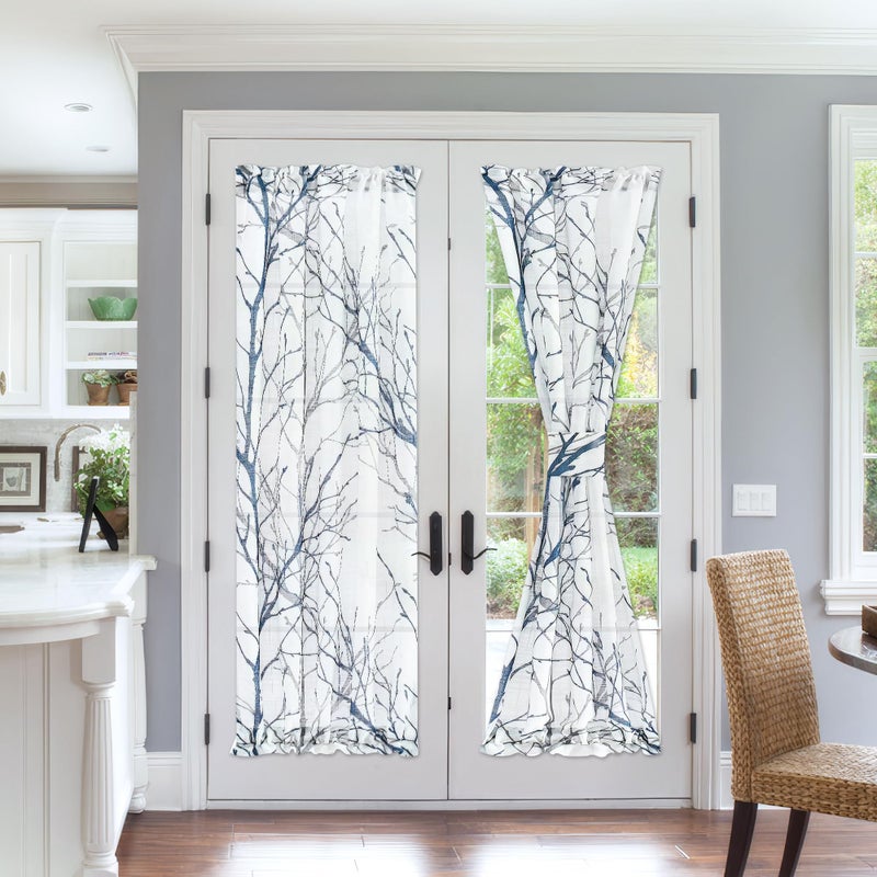 FMFUNCTEX French Door Curtains 72 Inches Long Blue and White Semi-Sheer Panel with Matching Tie-Back for Front Doors 50 Inches Wide - Image 2